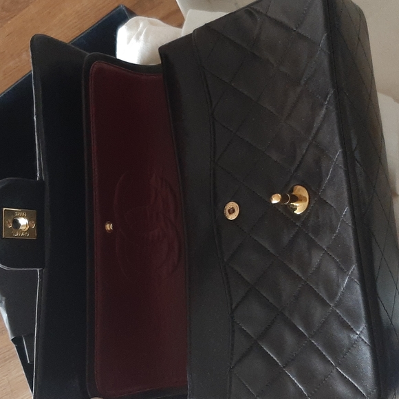 Authentic Vintage CHANEL Lambskin Double Chain Double Medium Flap Bag black/gold - Picture 9 of 16